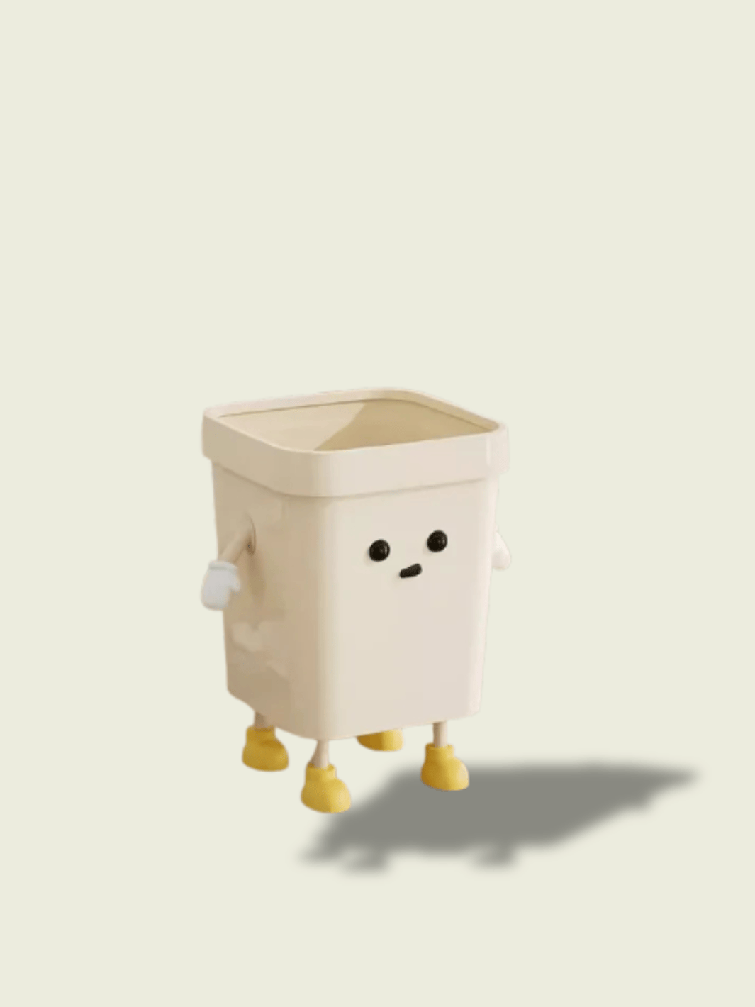 Poubelle Binky beige debout avec visage cartoon et pieds jaunes