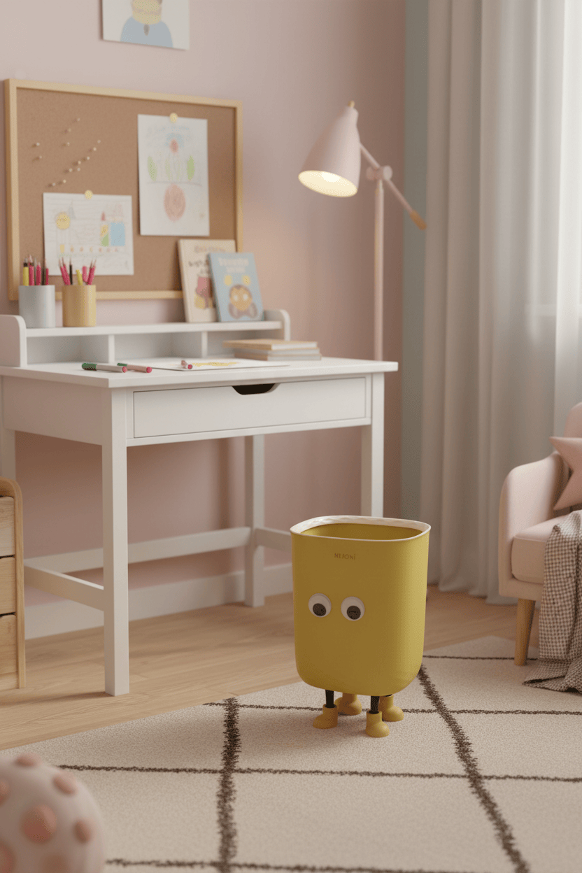 Poubelle BuddyBin jaune dans une chambre d’enfant avec bureau blanc
