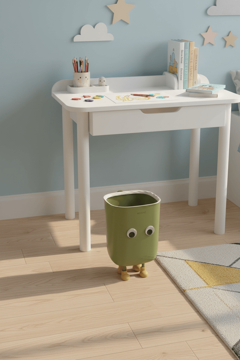 Poubelle BuddyBin verte dans une chambre d’enfant près d’un bureau