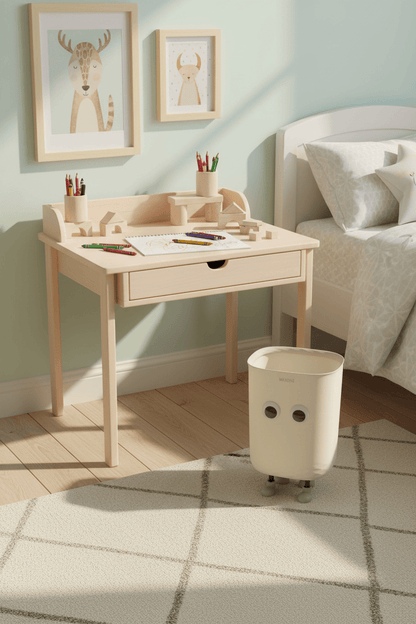 Poubelle BuddyBin blanche dans une chambre d’enfant près d’un bureau et d’un lit